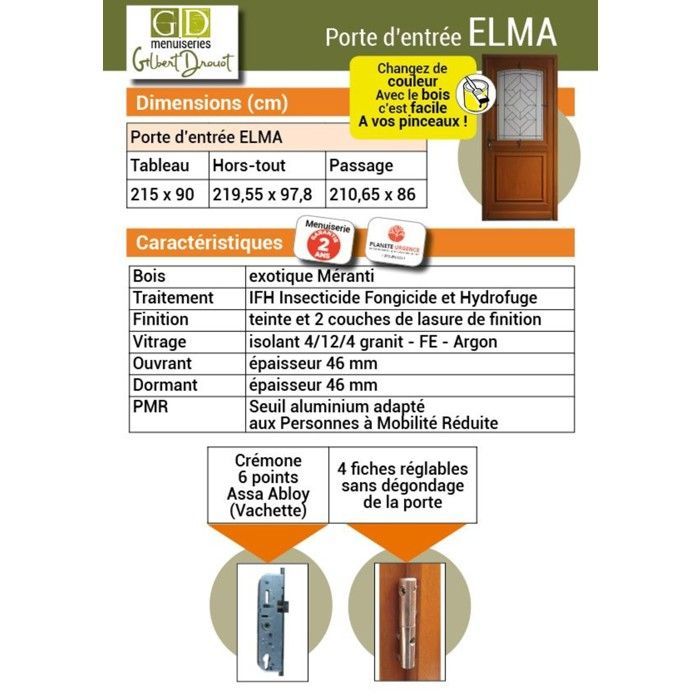 Puerta de entrada acristalada de madera Elma, 215 cm de alto x 90 cm de ancho, lado izquierdo