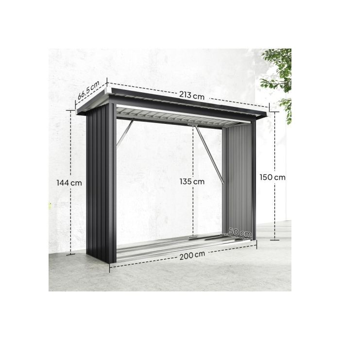 Legnaia coperta in acciaio zincato, robusta rastrelliera per legna da ardere, montaggio rapido, 213 x 66,5 x 150 cm