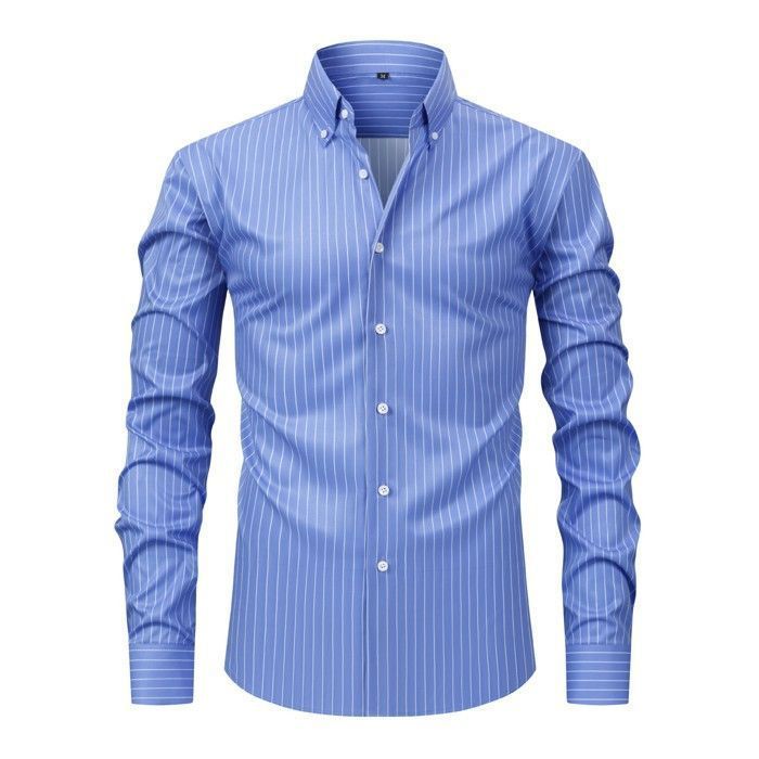 Camisa casual de manga larga a rayas para hombre, elástica, corte regular, cómoda, tallas grandes - Talla europea - Azul claro