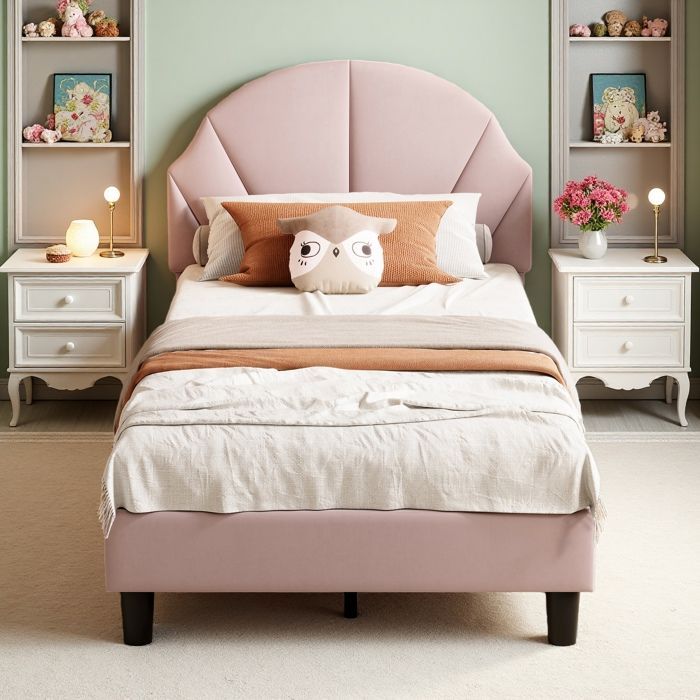 Cama infantil de 90x200cm, cama individual tapizada, cabecero regulable en altura, somier de láminas, terciopelo rosa.
