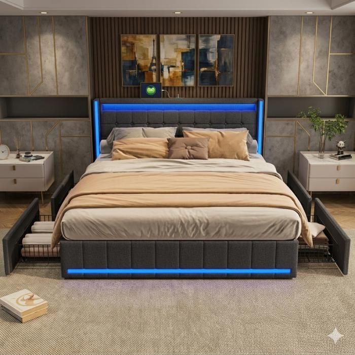 Bedframe - SUNFECILI - 180x200 cm - 4 lades - USB - LED - Donkergrijs