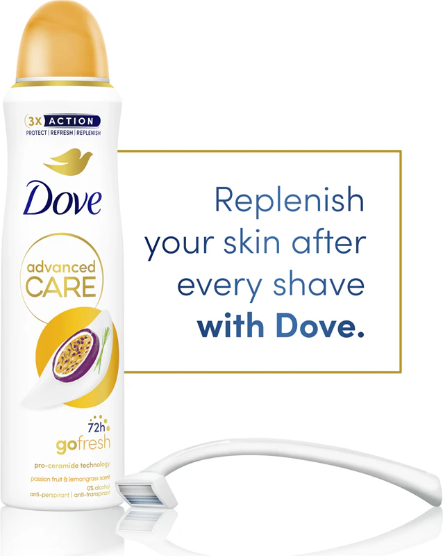 Desodorante spray Dove Advanced Care Go Fresh com fragrância de maracujá e capim-limão