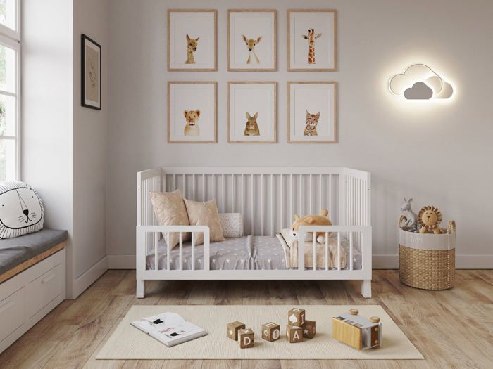 Lit Bébé Evolutif Convertible 140 x 70cm blanc, Lit d'enfant en bois 3 EN 1, 3 Niveaux de Réglage de la Hauteur