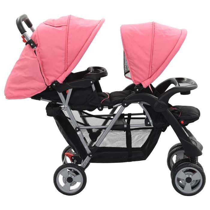 Cochecito doble - vidaXL - Rosa y negro - Acero - Diseño plegable