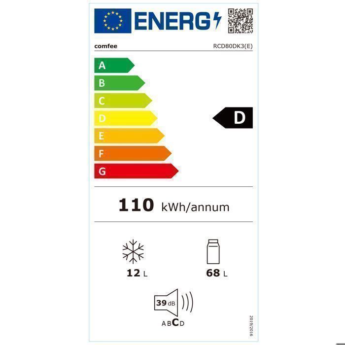 Koelkast met vriesvak bovenin - Comfee RCD80DK3(E) - 80 liter (12+68) - Energieklasse D - 44,5 x 47,5 x 84,5 cm - Klassiek zwart