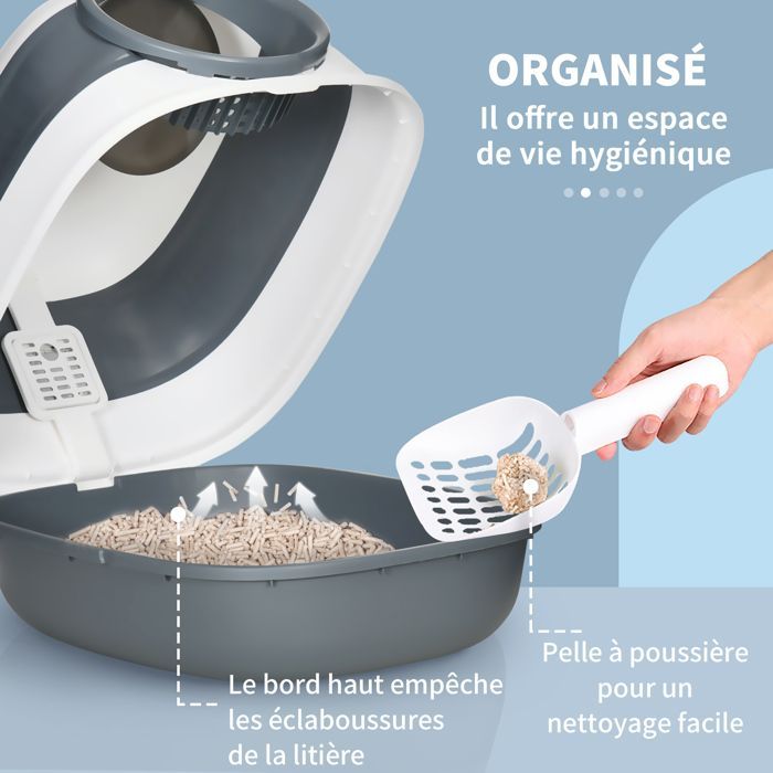 Bac à litière - PawHut - maison de toilette chat pliable porte battante lucarne pelle fournie - plastique - 52x41x38cm - gris blanc