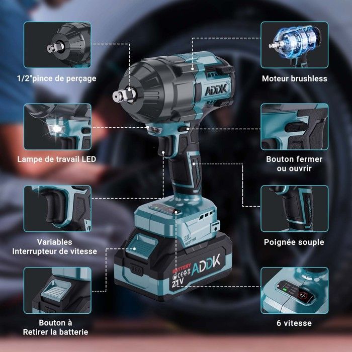 Llave de impacto eléctrica sin escobillas de 21 V, llave de impacto inalámbrica con par máximo de 1600 Nm, baterías de iones de litio de 4000 mAh, azul claro.