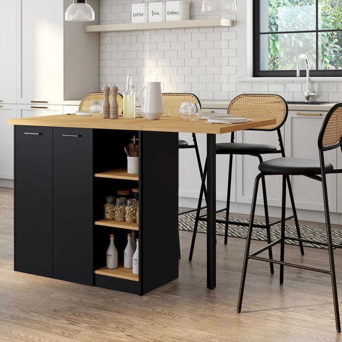 Isla central IDMARKET CESAR de 140 cm para 5 personas, madera negra con encimera efecto haya.