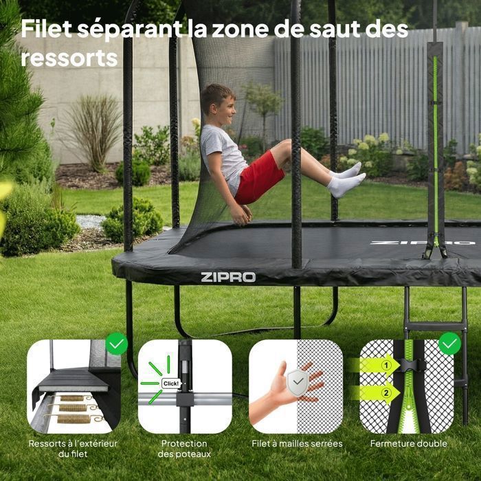 ZIPRO JumpPro Quadro Rectangular Trampoline 8x12FT (244x366cm) - Internal Safety Net + Ladder - 150kg Load Capacity