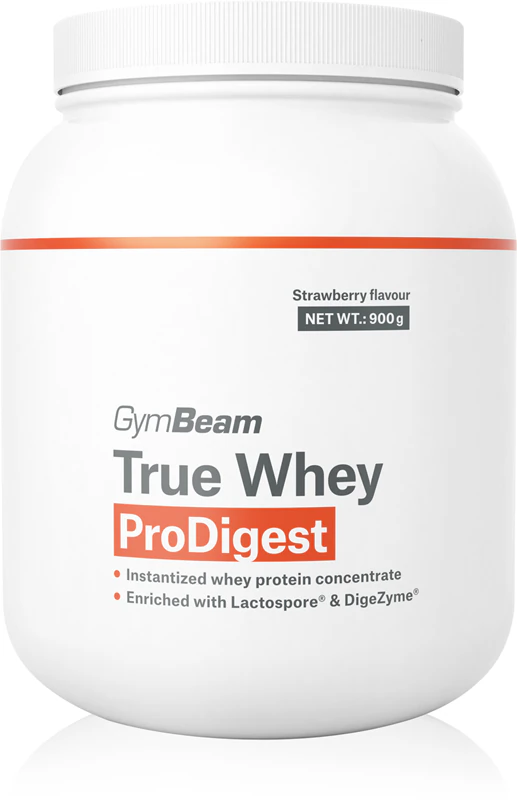 Suplemento alimentar GymBeam True Whey ProDigest, proteína de soro de leite com enzimas digestivas.
