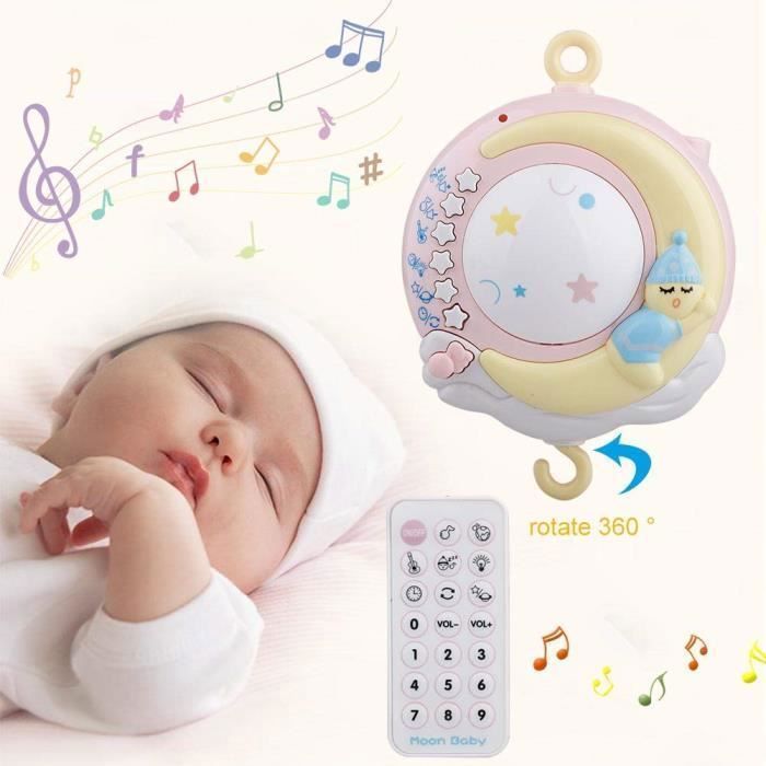 Mobile Télécommandé Musical pour Lit Bébé,Jouets de Confort Dormir,Mobile de Projecteur Tournant- Rose