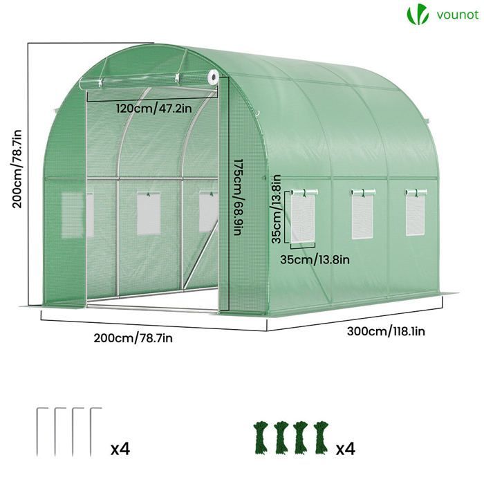 Invernadero tipo túnel VOUNOT - 6 m² Verde - Acero galvanizado - Ventana con mosquitera, puerta enrollable, barra de protección contra tormentas