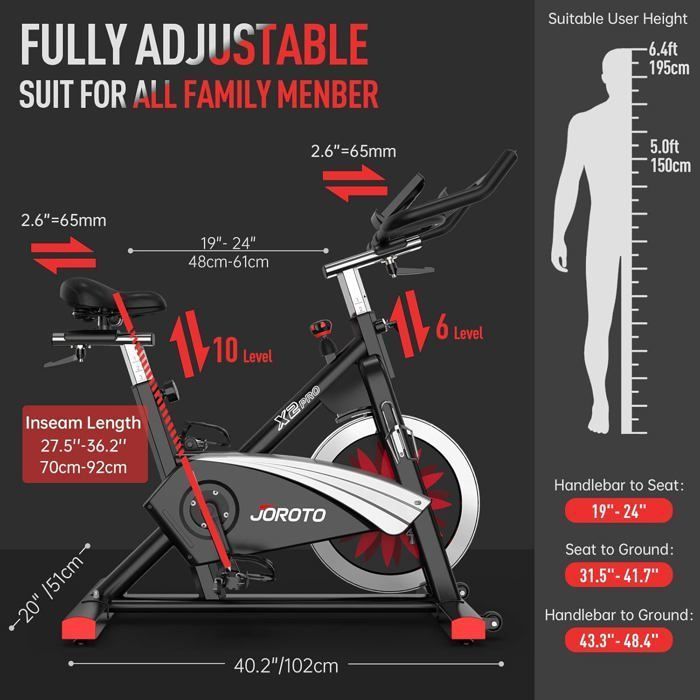 Vélo d'appartement - JOROTO - X2PRO - Résistance magnétique réglable - Bluetooth - Support tablette 12,6 pouces
