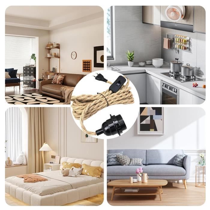 Henneptouw kroonluchterkabel 4,5 m, fitting met schakelaar en snoer, lamp, doe-het-zelf hanglamp, creatieve lamp