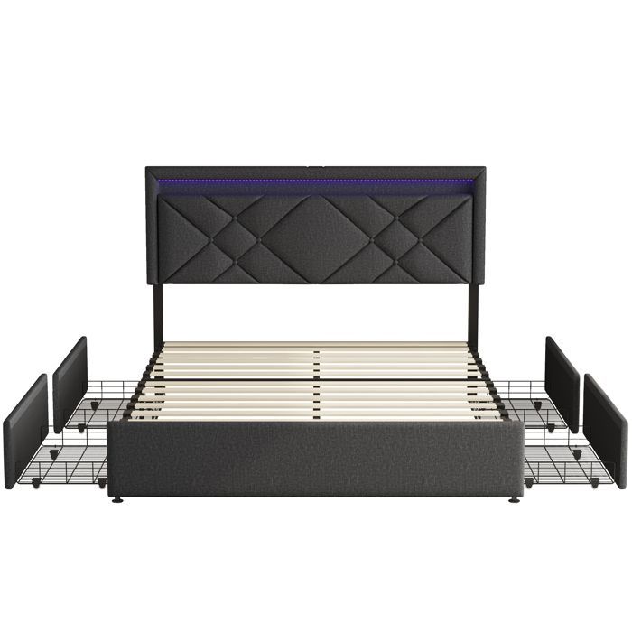 Lit double 160x200 cm avec 4 tiroirs, Lit rembourré tête de lit avec LED et chargement USB, Lin Style scandinave - Gris foncé
