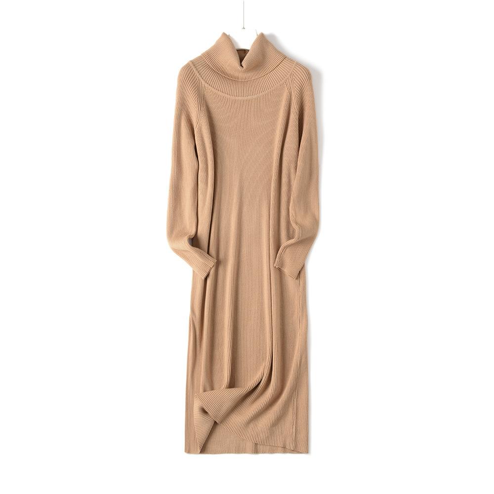 Robe longue droite à col roulé pour femme, en maille épaisse et chaude, idéale pour l'automne et l'hiver. Robe mi-longue côtelée en maille côtelée, parfaite pour Noël.