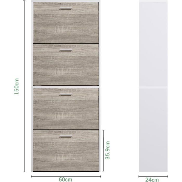 CASABEL Schoenenkast voor 24 paar schoenen - Grote capaciteit voor de hal - B60xD24xH150 cm - Licht houten deuren, wit frame