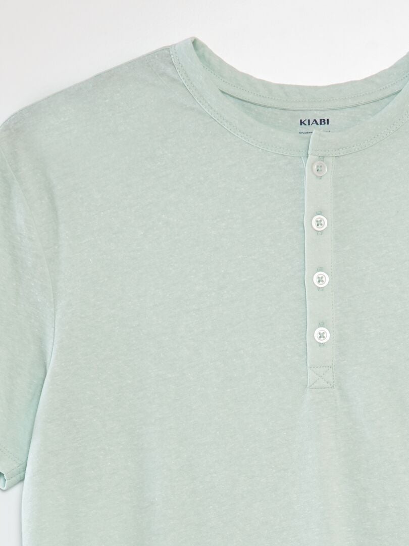 Moulinée gebreid T-shirt met henley-kraag - blauw