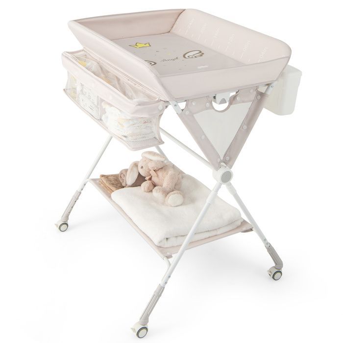 Cambiador para bebés COSTWAY - Plegable - 3 niveles de altura ajustables - Papelera - Cesta de almacenamiento - Estante - Ruedas con freno - Beige