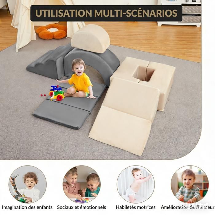 7 Blocs d'Escalade/ Construction en Mousse pour enfant, ensemble de jeu doux intérieur + glissade rampe et escaliers, gris et beige