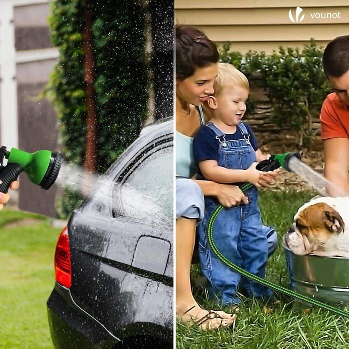 VOUNOT® Reinforced Expandable Garden Hose 15m Green - 10 Modes - Connector and Storage Bag Included - Flexible, Leak-Proof