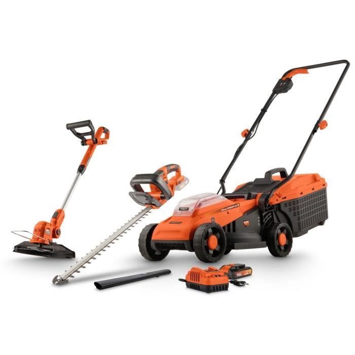 20V Akku-Rasenmäher-Set (33 cm Schnittbreite) + Rasentrimmer + Heckenschere – Dual Power – POWDPGBOX25 – 1 x 20V 3Ah Akku + Ladegerät