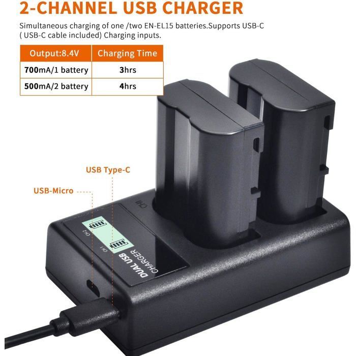 2pcs QUMOX Batterie EN-EL15 et Chargeur Double USB Compatible avec Z6 Z7 D500 D600 D610 D800 D850 D800E D750 D7000 D7100 D7200