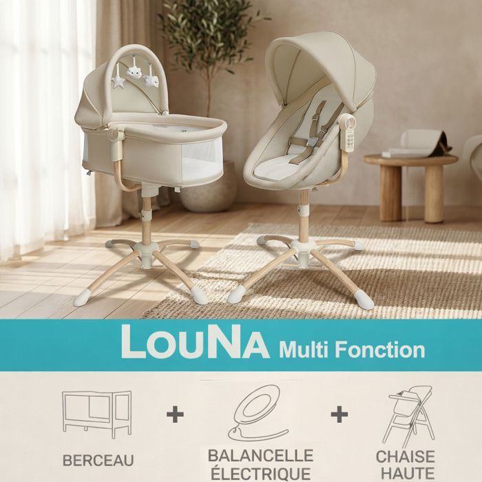 LOUNA multifonction 4 en 1 : BERCEAU, BALANCELLE ELECTRIQUE, CHAISE HAUTE TRANSAT.