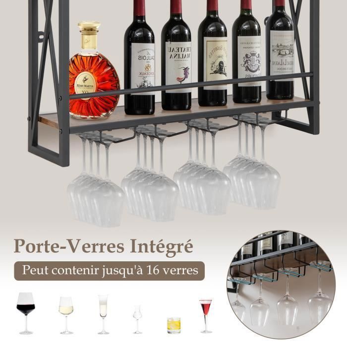 COSTWAY Industrial 3-Tier Wall-Mounted Wine Rack with Metal Cup Holder, Storage Shelf for Kitchen, Bar, Dining Room