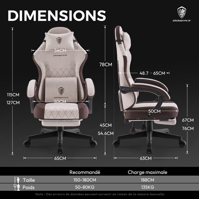 Chaise Gaming Ergonomique - Dowinx - Tissu Résistant - Soutien Lombaire - Repose-Pieds - Marron