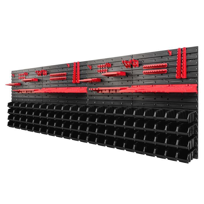 Werkbank – Werkzeuge – 234 x 78 cm – 84 schwarze Ablagen – individuell anpassbar – schnelle Wandmontage
