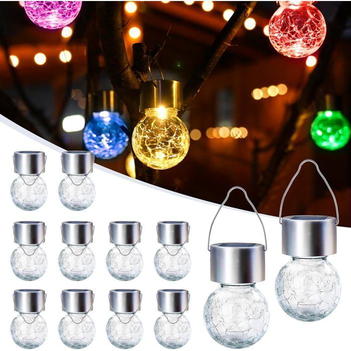 lampes solaires d'extérieur à suspendre - Lot de 12 - 0.1W - 60x60x90 mm - pour décoration de Noël - verre craquelé - couleur
