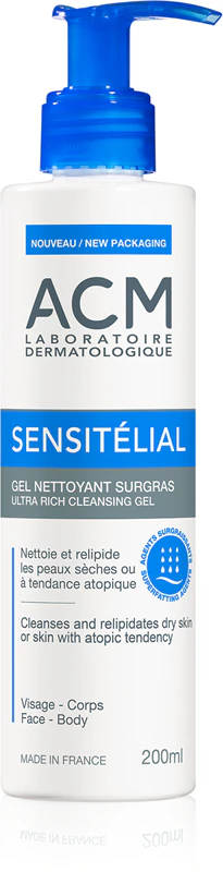 Gel de Limpeza Ultra Rico ACM Sensitélial: gel de limpeza hidratante para pele seca e atópica.
