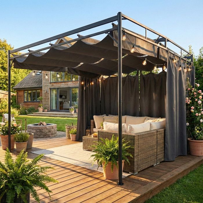 Pérgola de jardín - cenador de patio - Outsunny - techo retráctil, cortinas, sistema de poleas - metal - 3x3m - gris antracita