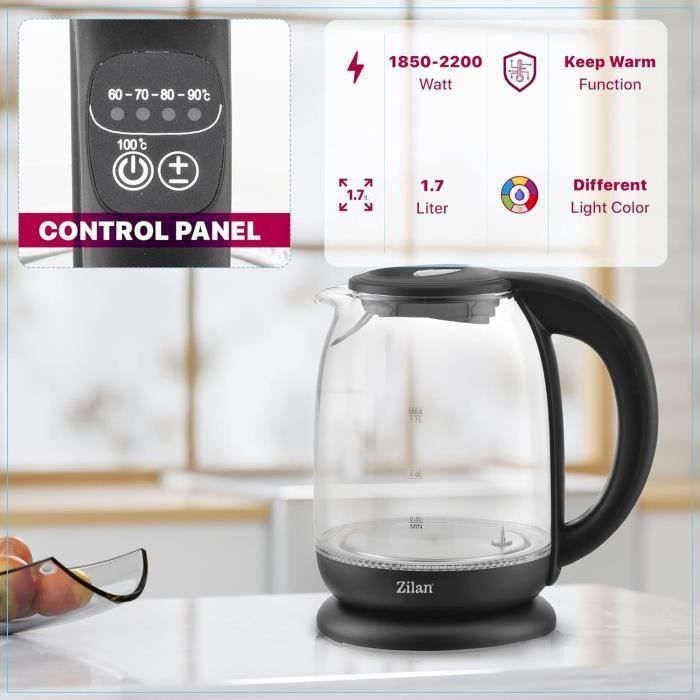 Zilan glazen waterkoker met digitaal en led-display, 1,7 liter, 5 temperatuurinstellingen, 2200W