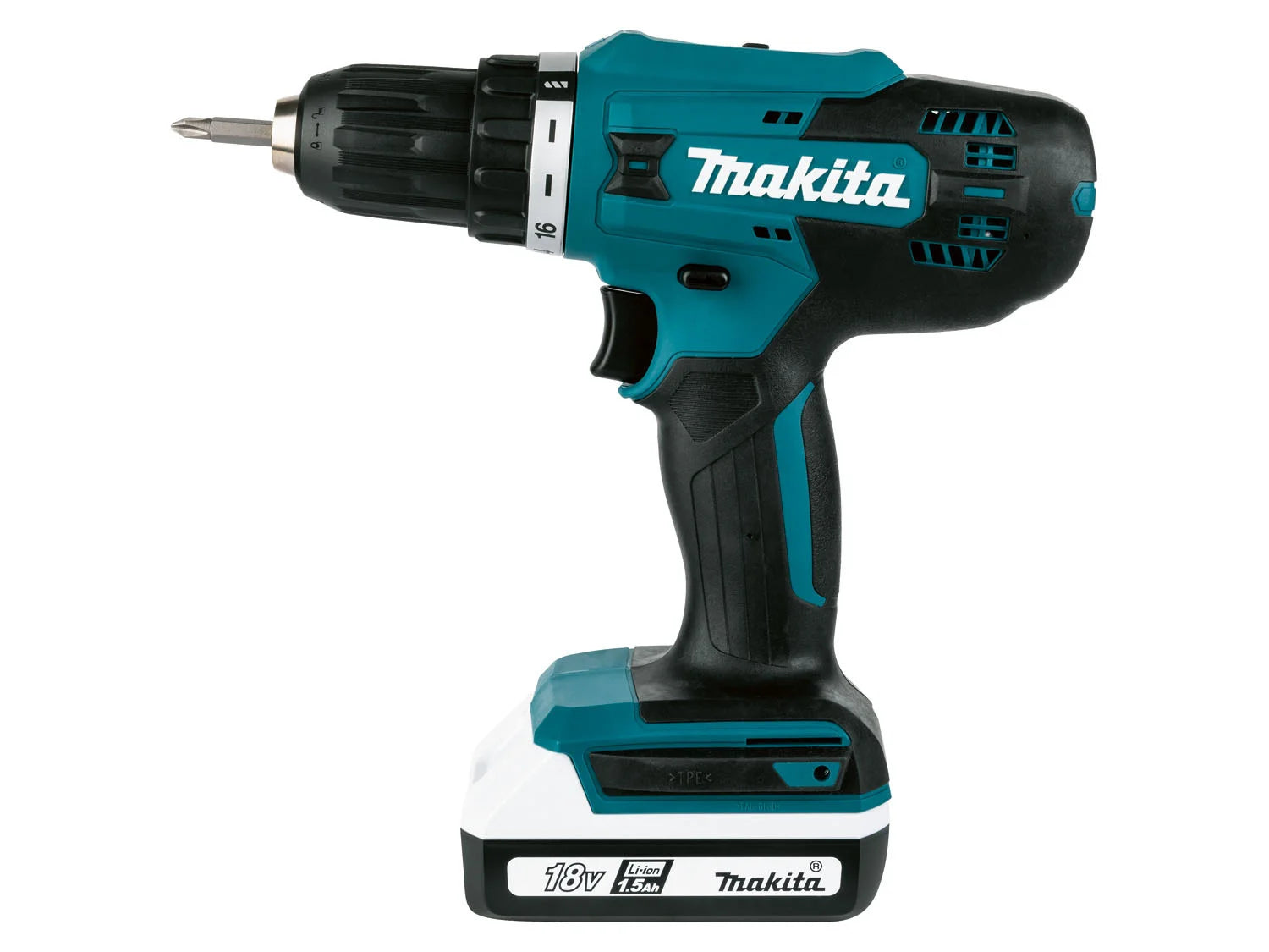 Conjunto de furadeira/parafusadeira sem fio Makita 18 V »DF488D«, com 2 baterias e carregador.