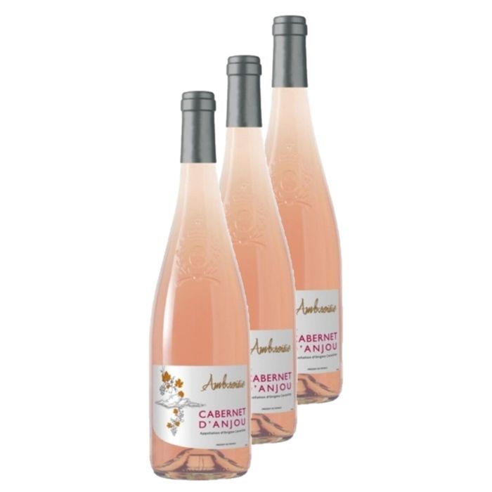 Les Caves de la Loire - Lote de 3 vinos rosados Ambroisie Cabernet d'Anjou AOC - Loira - Botella de 750 ml