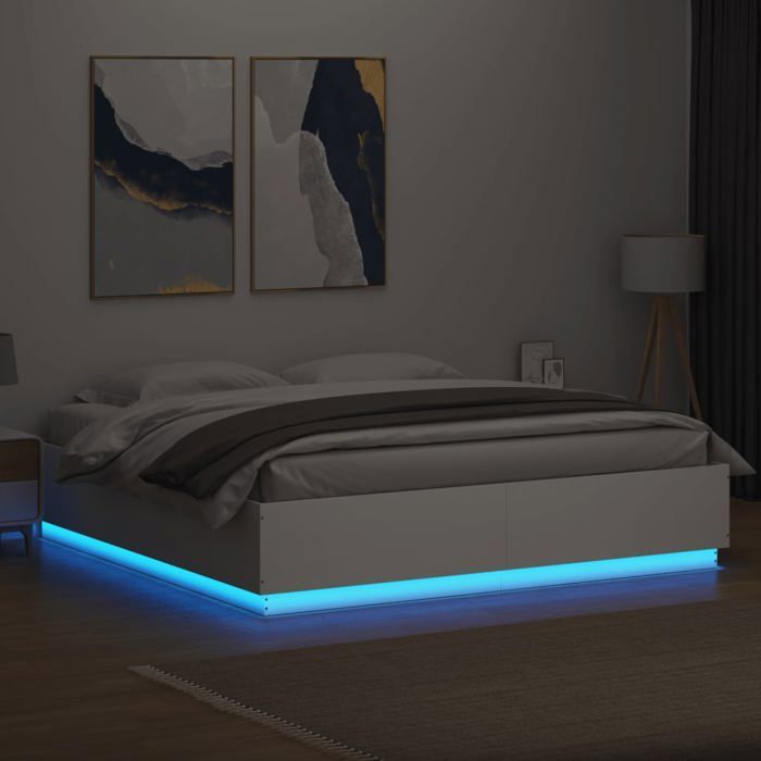 Estructura de cama vidaXL con luces LED, cama doble con somier de láminas, cama para dormitorio de adultos, moderna, blanca, 180x200 cm, 3209590