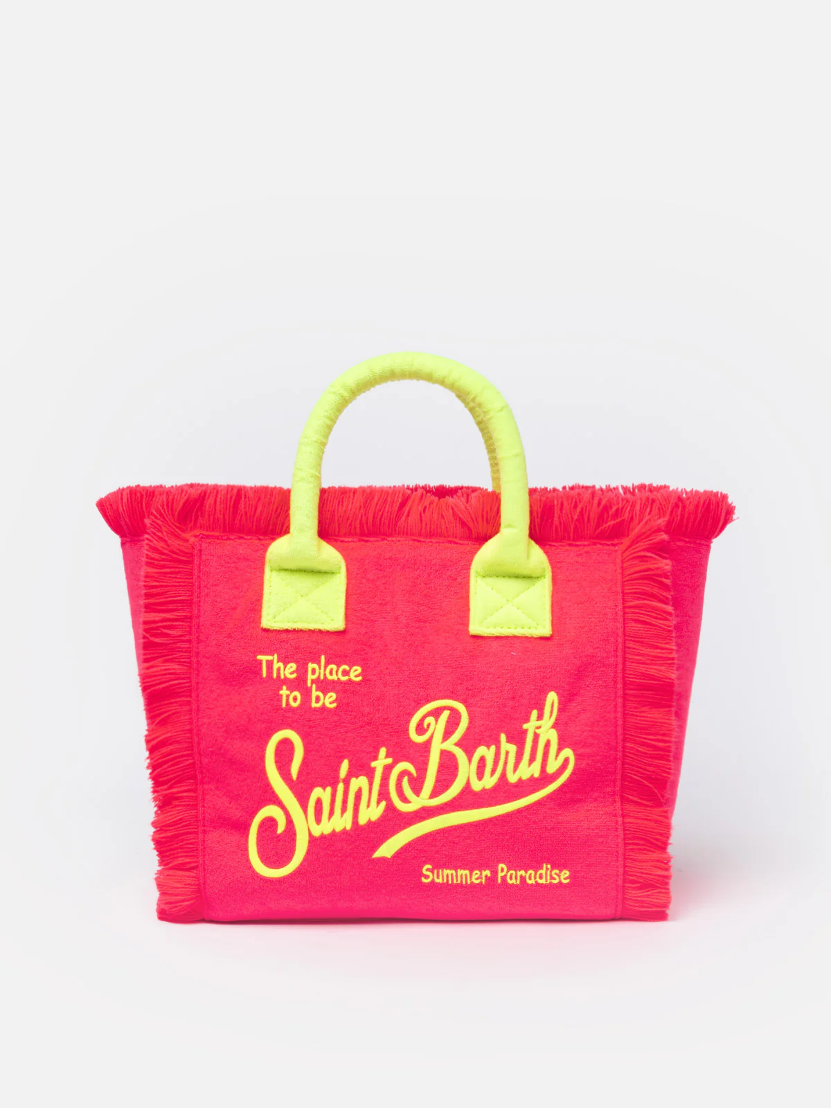 Colette Fuchsia Terry Handtas met Franjes | Geel Saint Barth Logo | Binnenflap met Metalen Rits | Binnenvak met Rits | 100% Katoen | MC2 Saint Barth