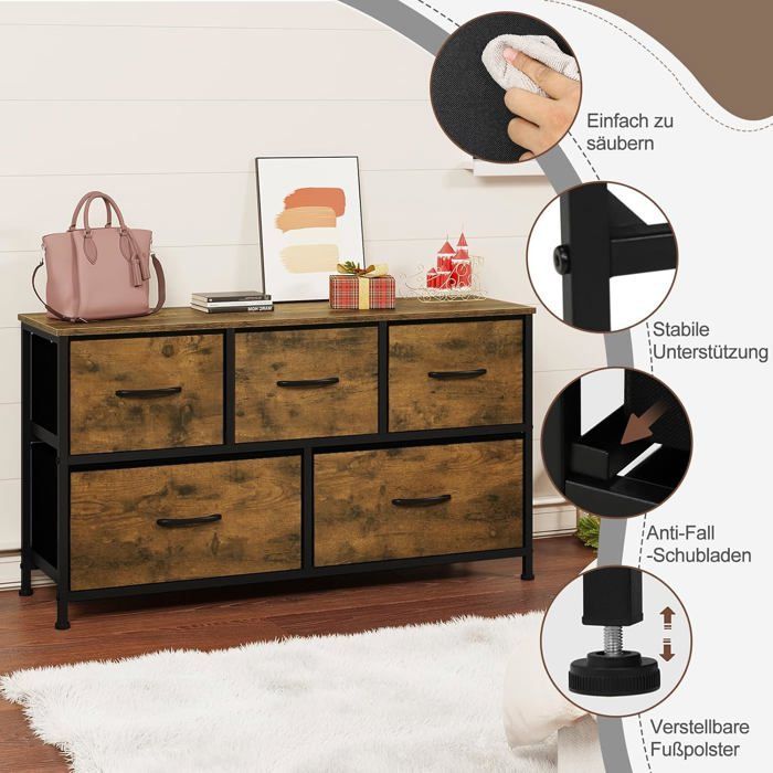 WOLTU Commode, Kast van bewerkt hout, Stoffen lades, Metalen frame, Industriële stijl, 100x30x54cm, Rustiek bruin W0ITT0093