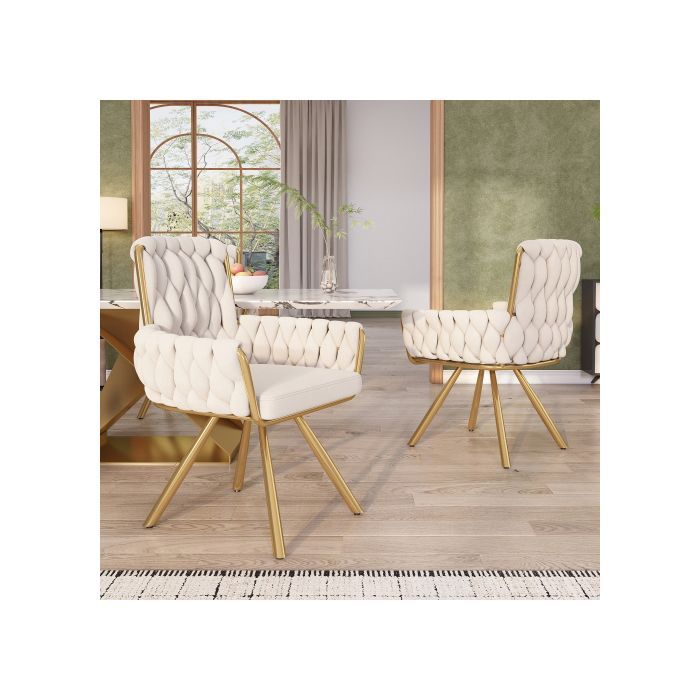 Lot de 6 Chaises de Salle à Manger en Velours - Siège Pivotant 360° et Accoudoirs - Fauteuils Pivotants Beige - Design Moderne