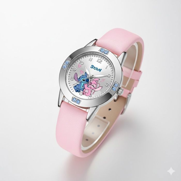 Reloj infantil Stitch & Angel – Reloj de cuarzo rosa para niñas | Correa de piel vegana | Diseño oficial de Disney
