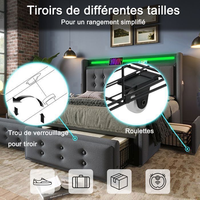 Verhoiltu parisänky 180 x 200 cm - RGB LED -pääty ja 2 EU/USB/Type-C-porttia - säilytystilasänky 4 laatikolla - 2/3 hengelle - harmaa pellava