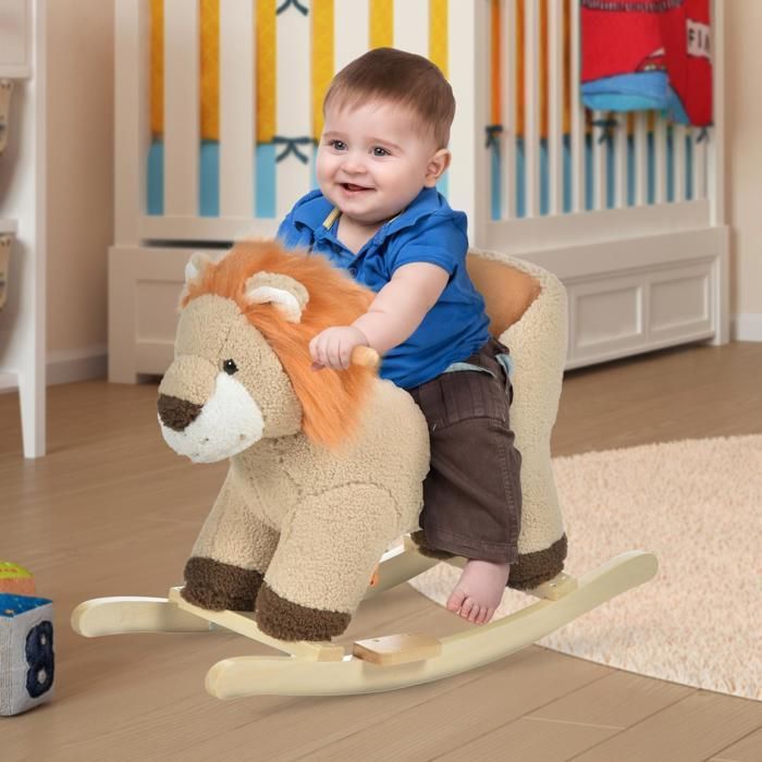 Cavallo a dondolo - HOMCOM - modello leone con funzione musicale, sella comfort in peluche, 18-36 mesi - legno - 68x35x50cm - marrone