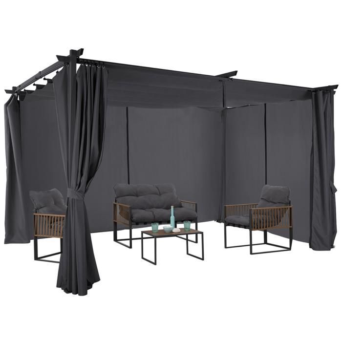 Pérgola IDMARKET edição limitada com teto retrátil 3x4 m e 4 cortinas cinza antracite.