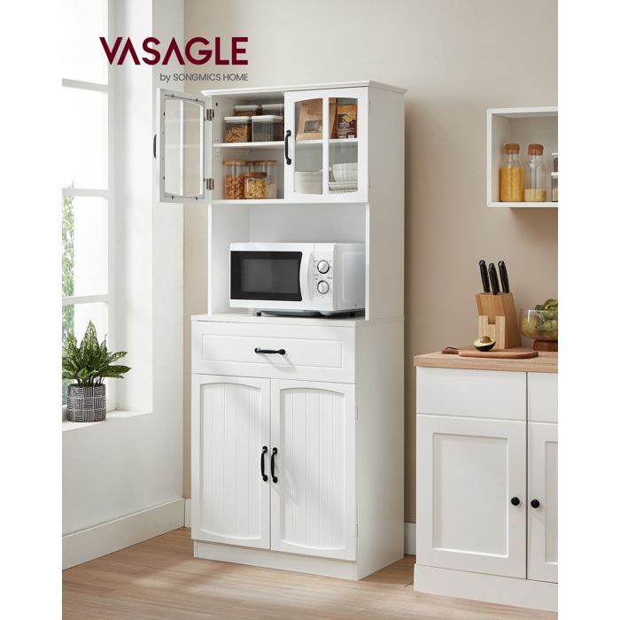 VASAGLE High Kitchen Buffet, Pantry, Sideboard, with Glass Doors and Adjustable Shelves, Cable Management Hole, White