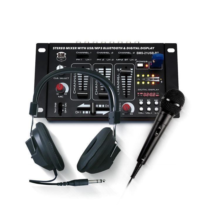 Mixer DJ a 4 canali BM SONIC BMS-21USB-BT con ingressi USB e Bluetooth, 1 ingresso phono/linea, 1 ingresso phono/USB, 1 ingresso CD, cuffie e microfono inclusi.