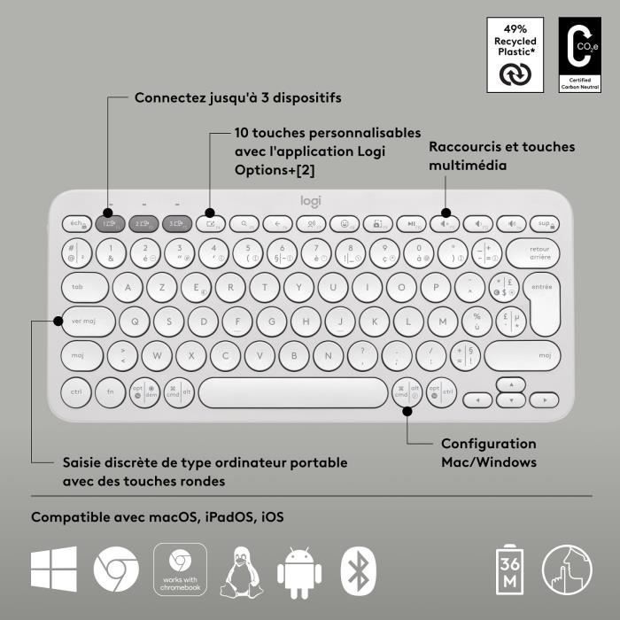 Teclado inalámbrico Logitech Pebble Keys 2 K380s con botones de fácil cambio (blanco).