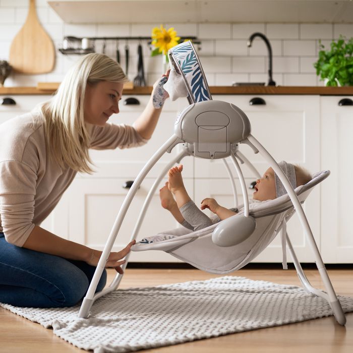 MoMi LISS - Balancelle Bébé Électrique - 5 vitesses de balancement - 8 mélodies - arche à jouets - Gris