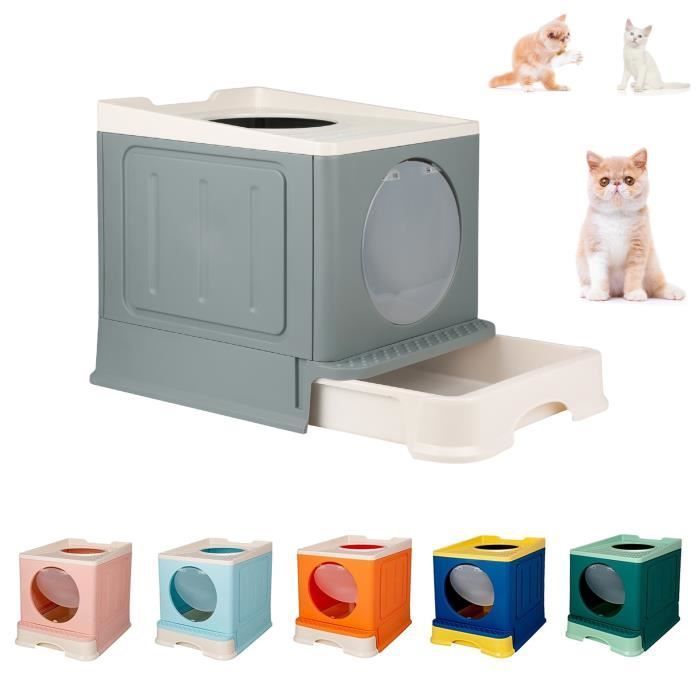 Willonin® Bac à litière pliant pour chat, Gris Maison de toilette semi-fermée avec tiroir et pelle, Deux porte, 45x34x39cm